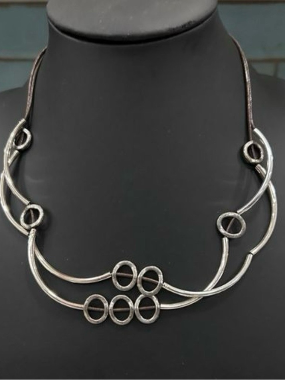Lizzy James Handmade
Statement Necklace 20"
Silver-tone & Leather Cord Signed
